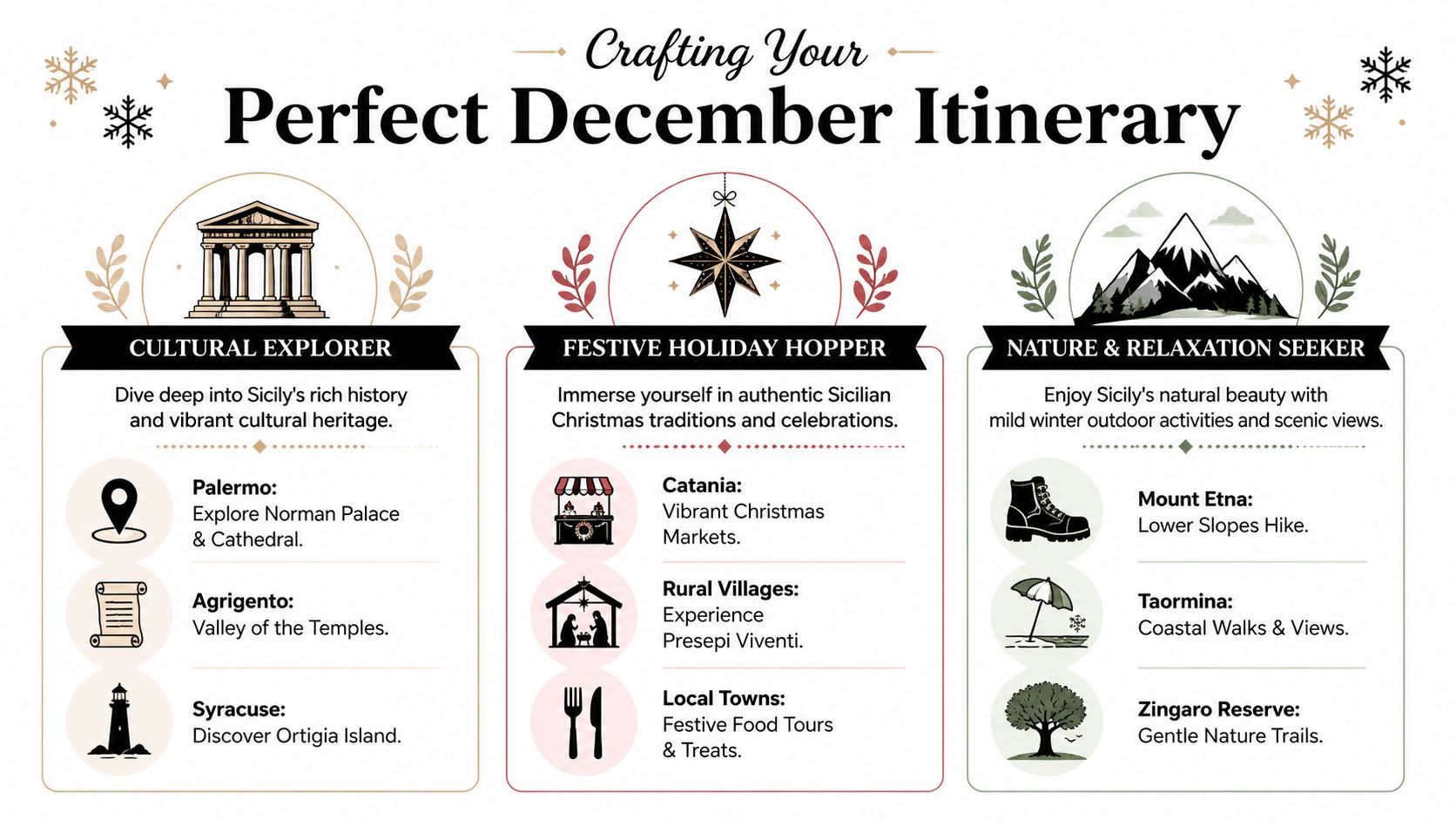 A travel itinerary infographic for visiting Sicily in December, categorized into cultural, festive, and nature-focused travel themes.