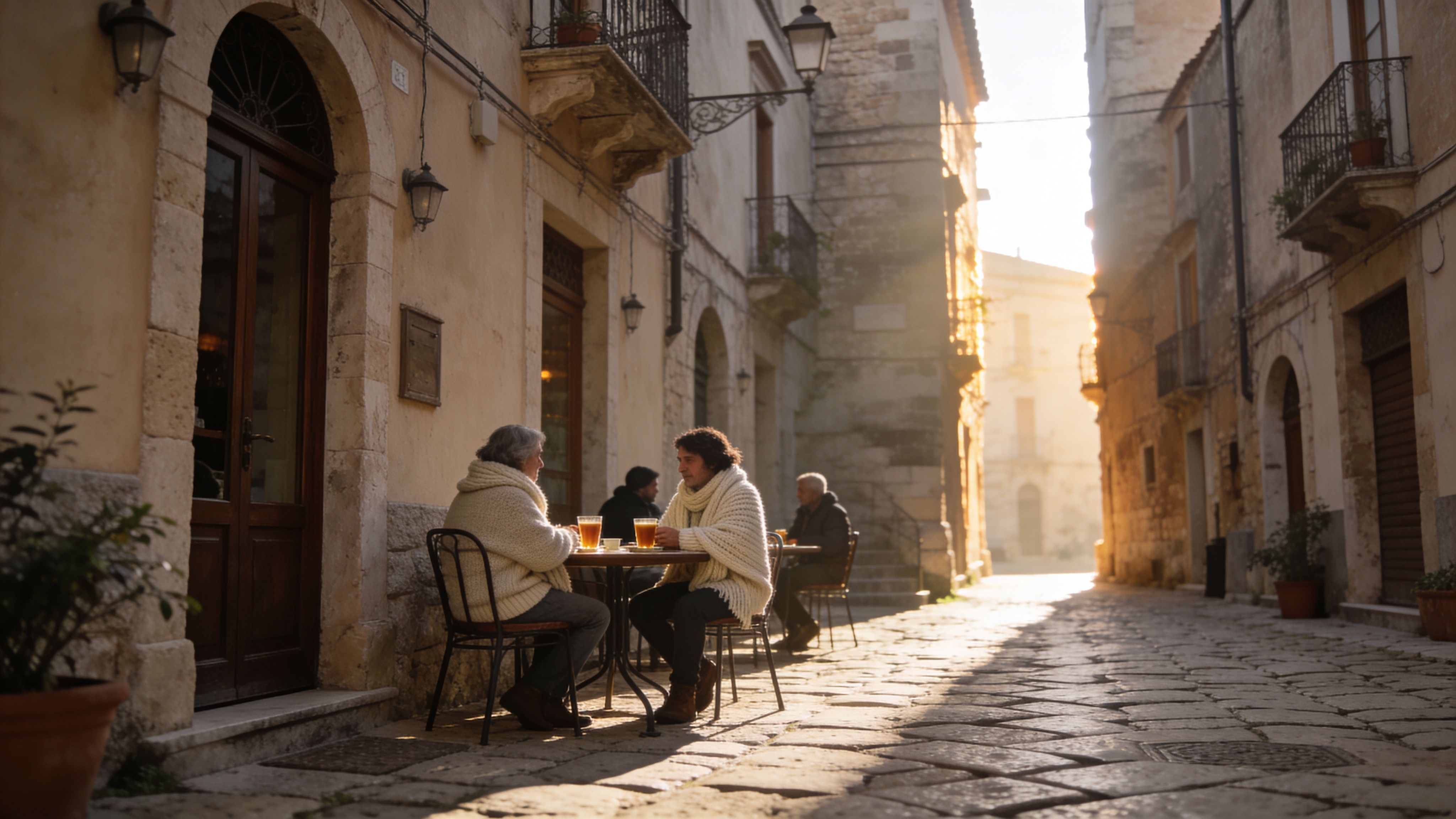 A couple sitting at a cafe table on a cobblestone street in a historic Italian town.