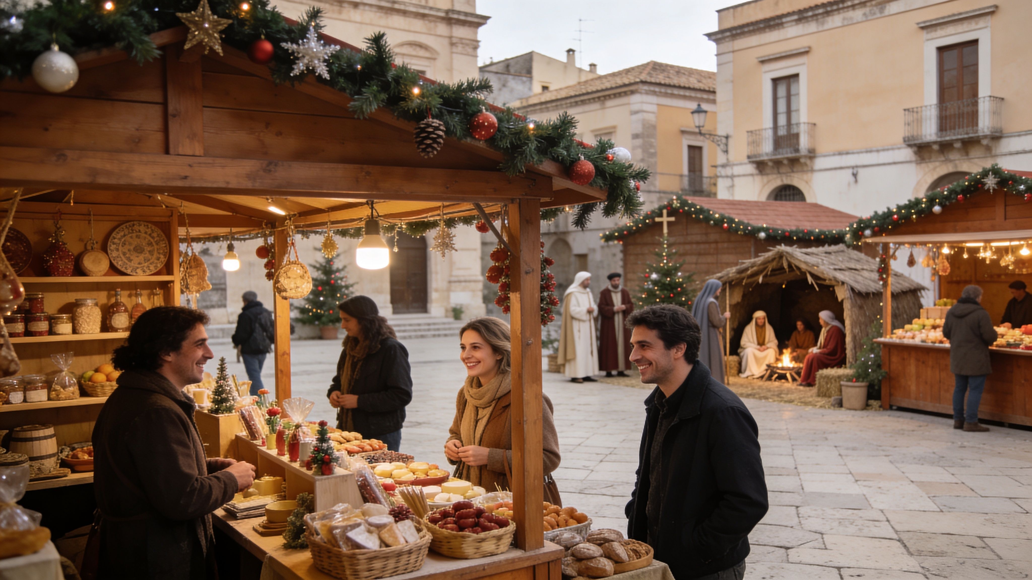 A couple shopping at a festive Christmas market stall in a historic town square in Sicily.