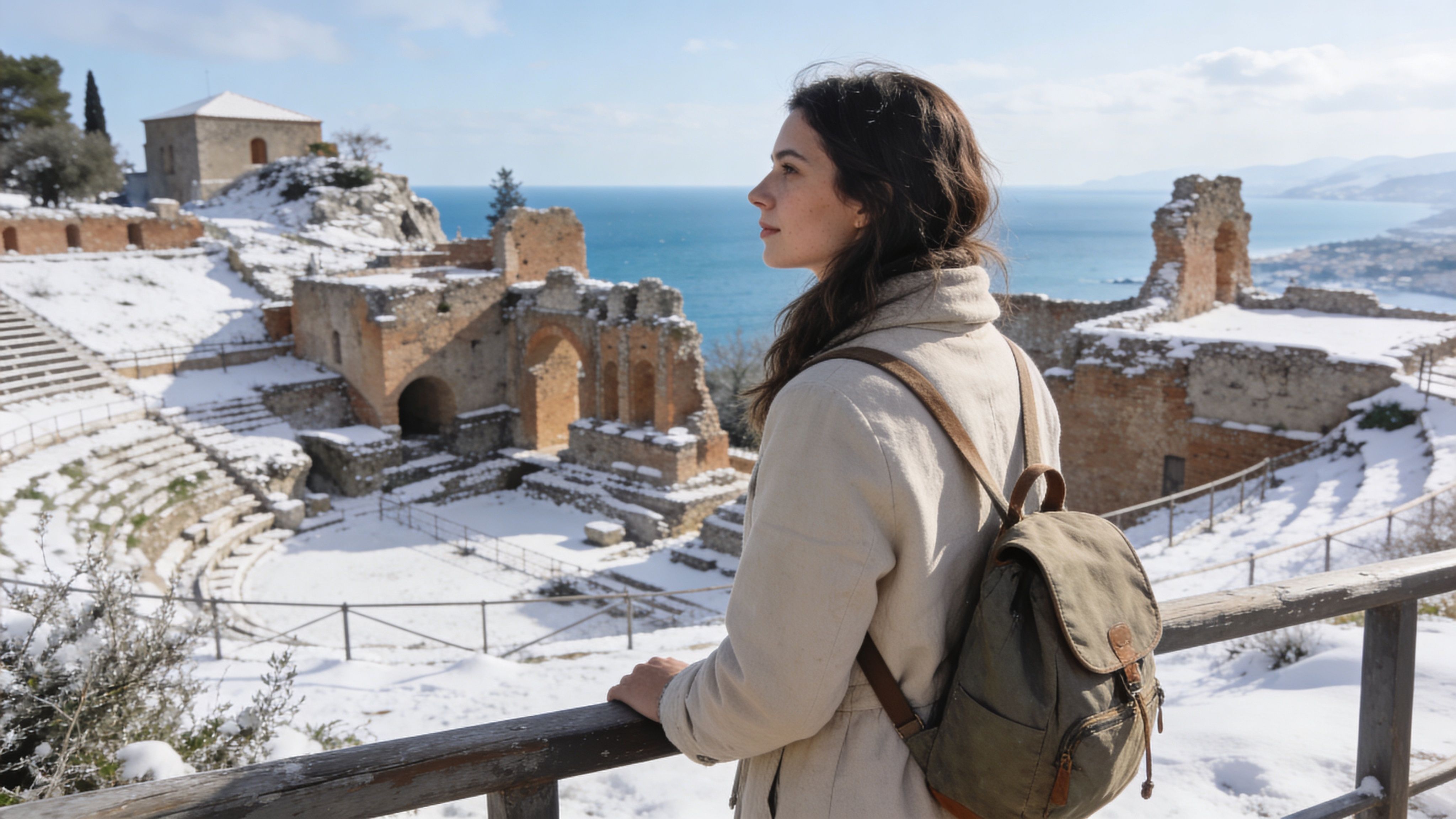 A young woman with a backpack looking at the snow-covered ancient ruins of Taormina in Sicily.