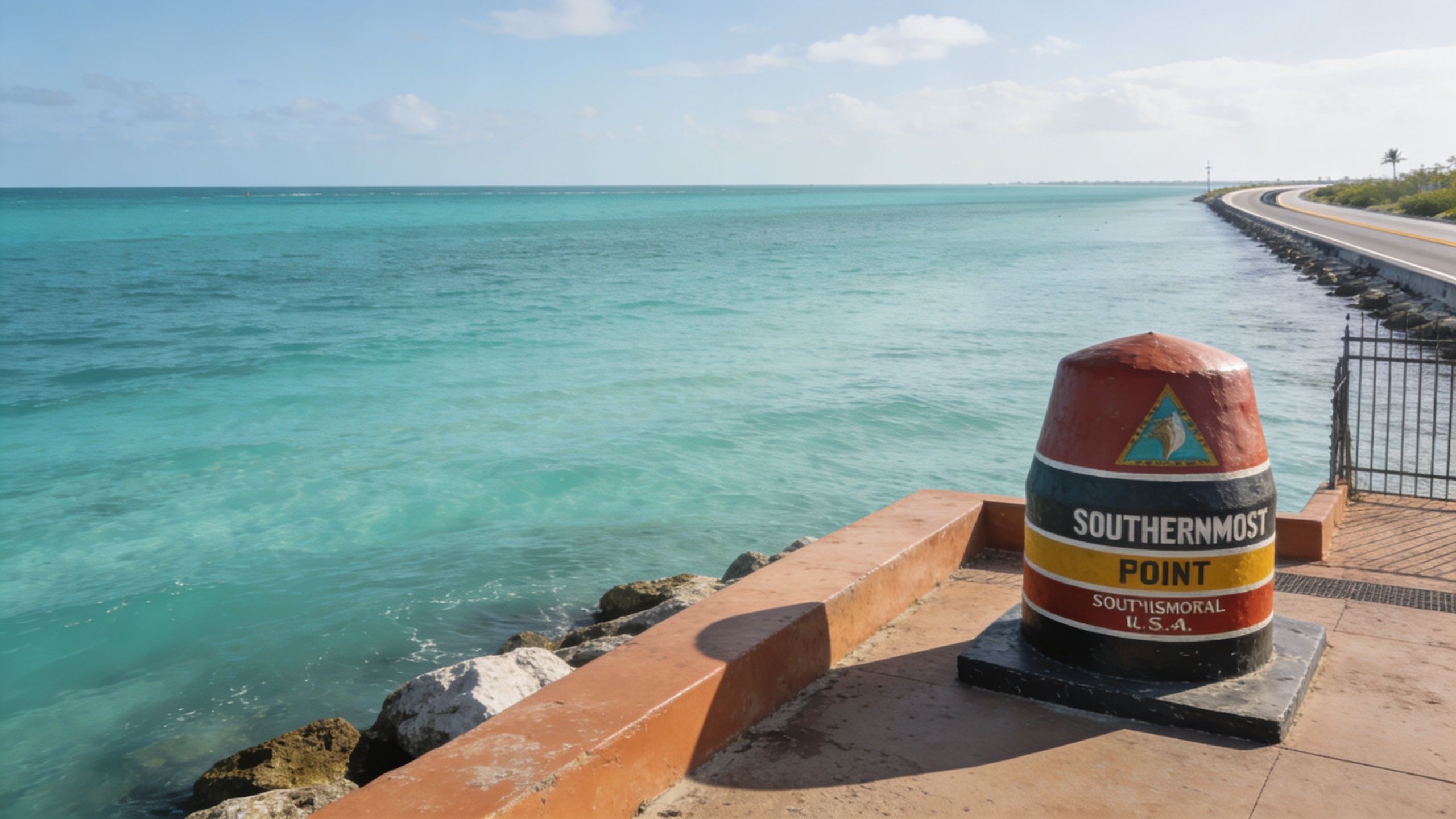 The iconic Southernmost Point buoy landmark located in Key West, Florida, overlooking the turquoise ocean water.