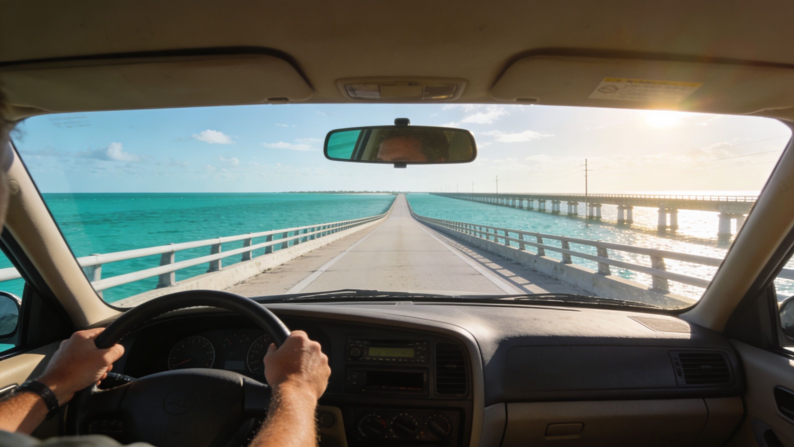 A person driving a car across the long Seven Mile Bridge in the Florida Keys.
