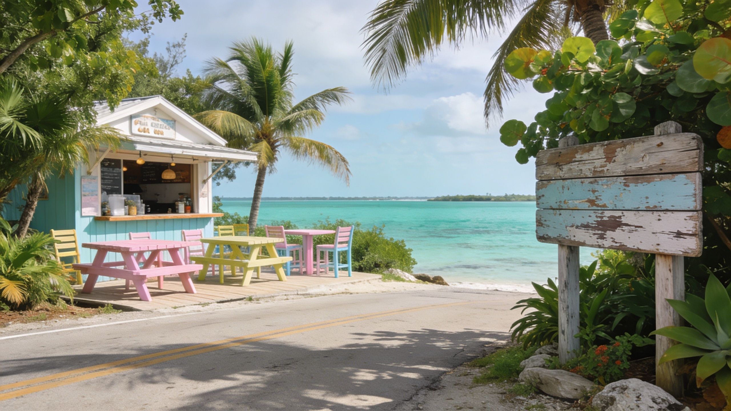 A colorful beachside restaurant with picnic tables overlooking the turquoise ocean in the Florida Keys.