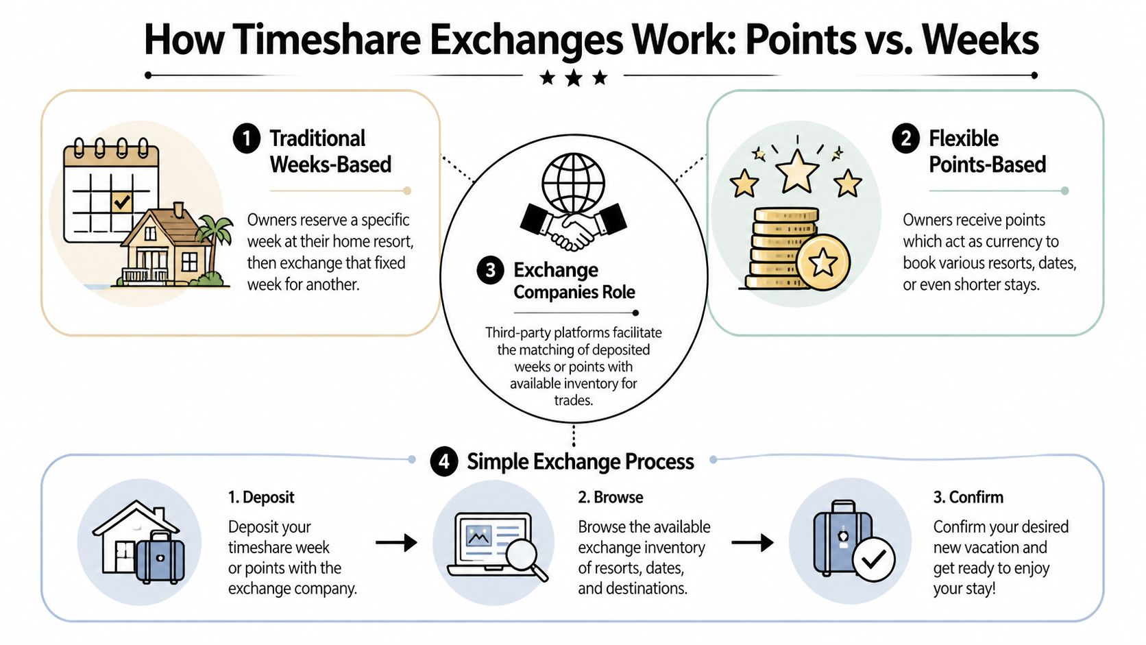An infographic explaining how timeshare exchanges work through both traditional weeks-based and flexible points-based systems.