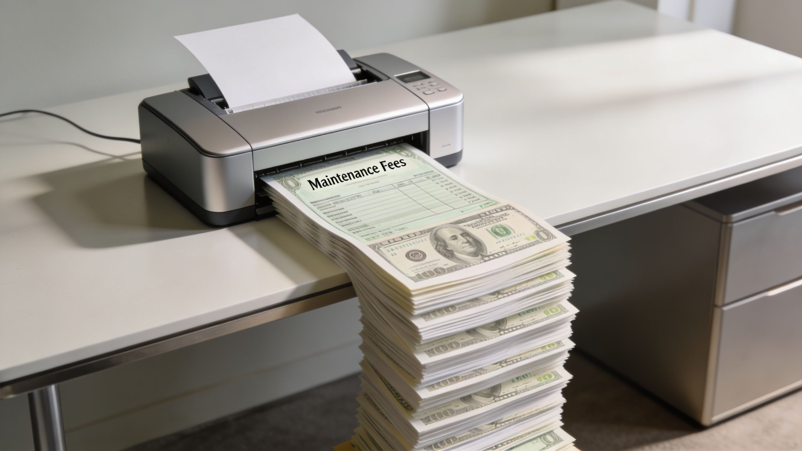 A printer sits on a desk, churning out a tall stack of one hundred dollar bills.