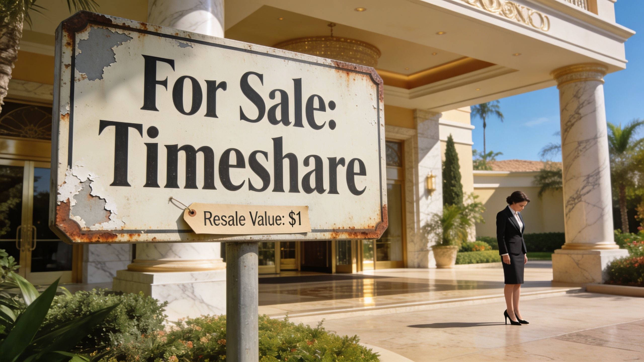 A professional woman looking sad near a for sale sign displaying a one dollar timeshare resale value.