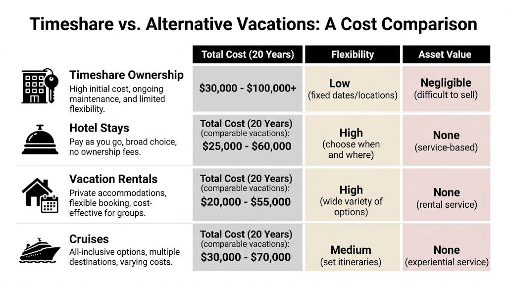 A comparison chart showing the 20-year costs, flexibility, and asset value of timeshares versus other vacation options.