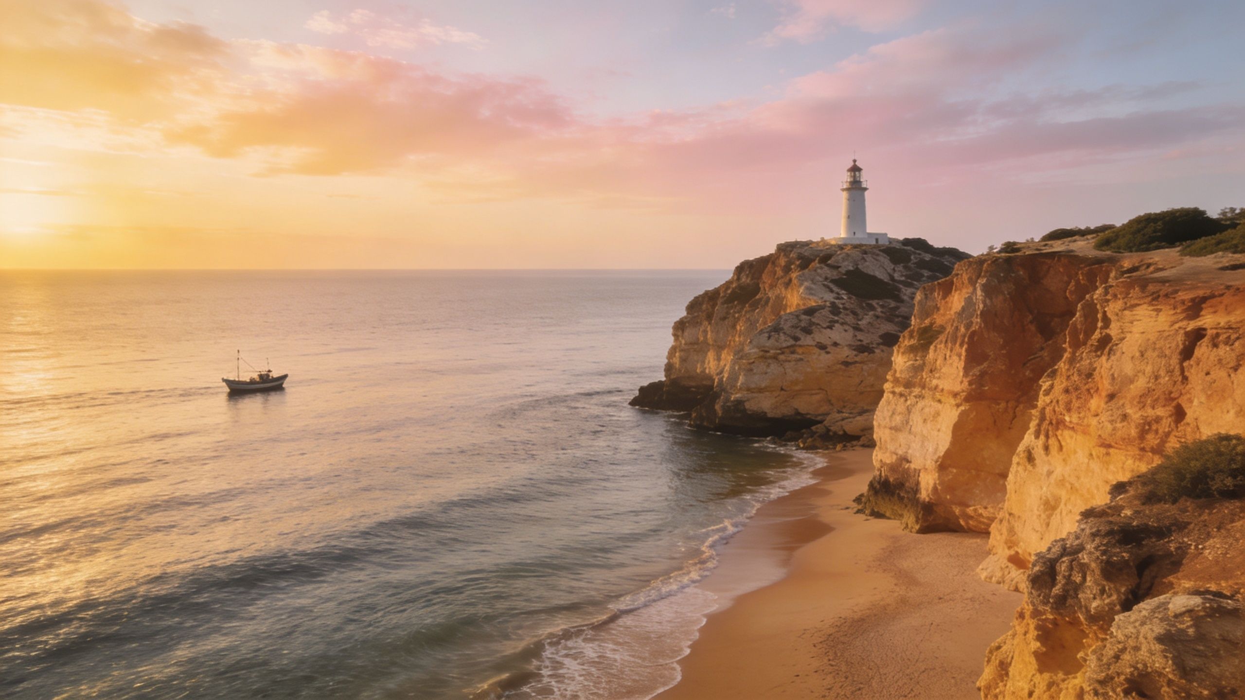 A serene ocean sunset featuring a small fishing boat near dramatic golden cliffs and a white lighthouse