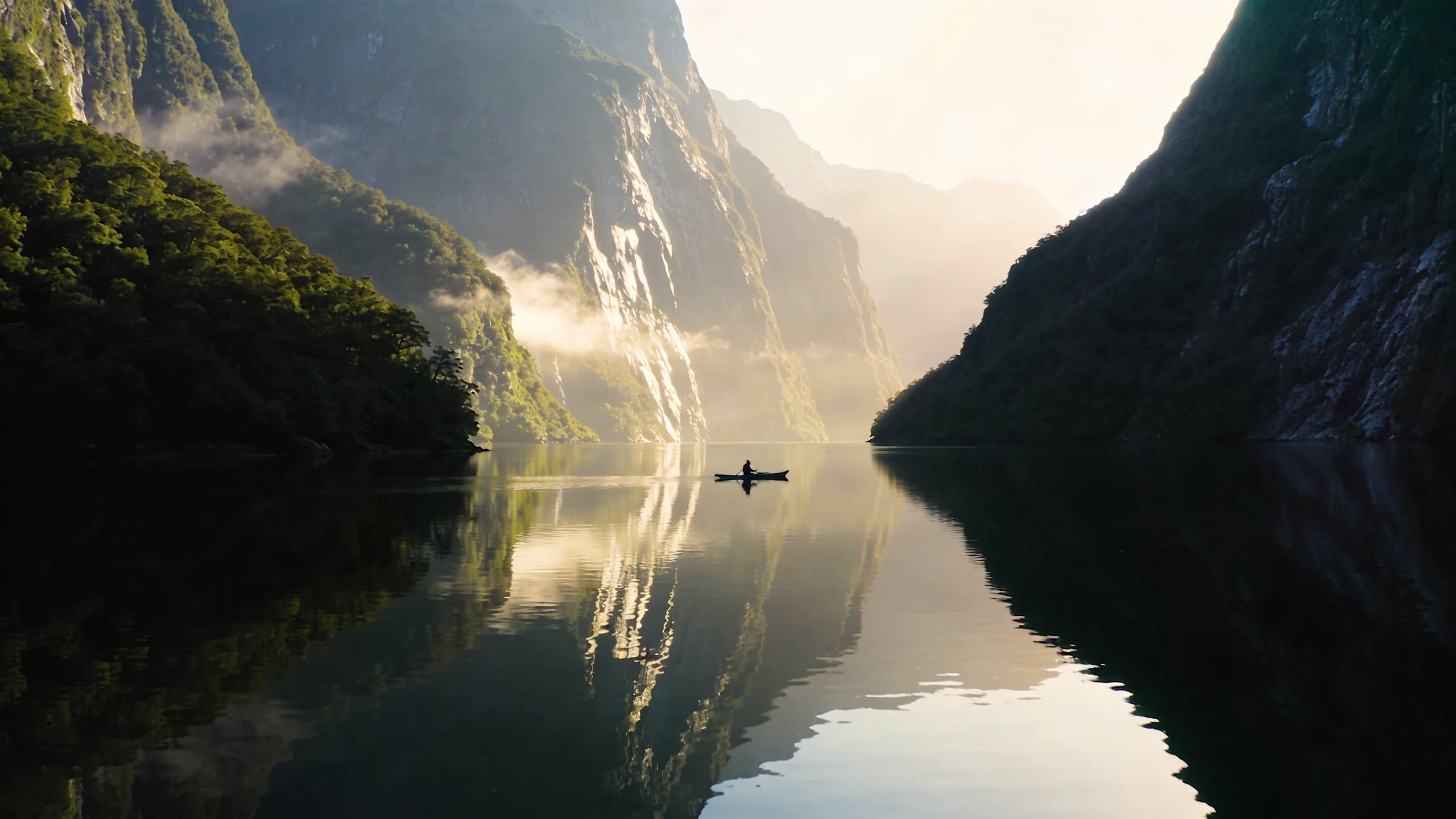 A lone kayaker paddles through the calm, misty waters of Milford Sound surrounded by towering mountain cliffs.