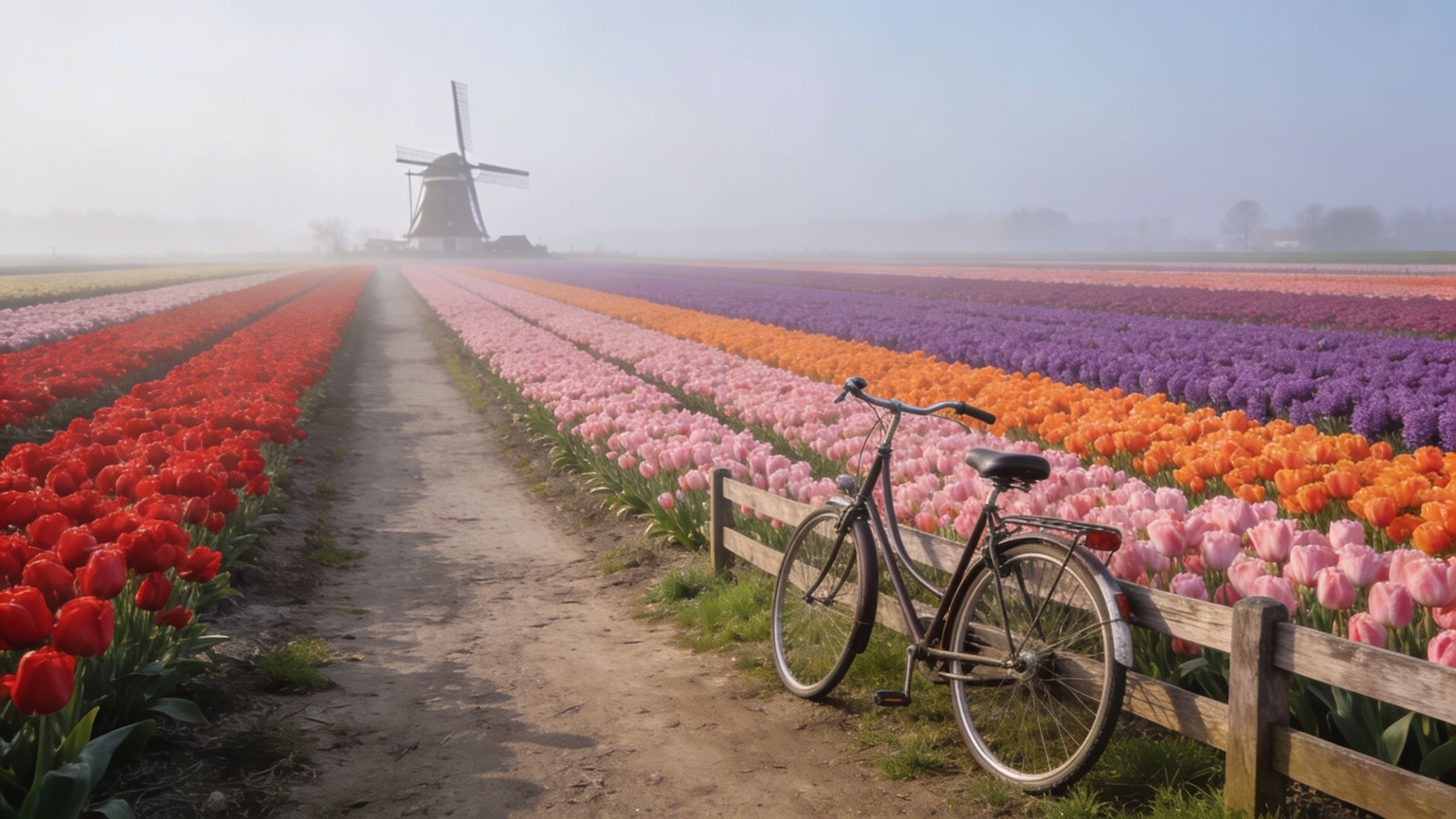 A rustic bicycle parked by a wooden fence near vibrant tulip fields with a Dutch windmill nearby.