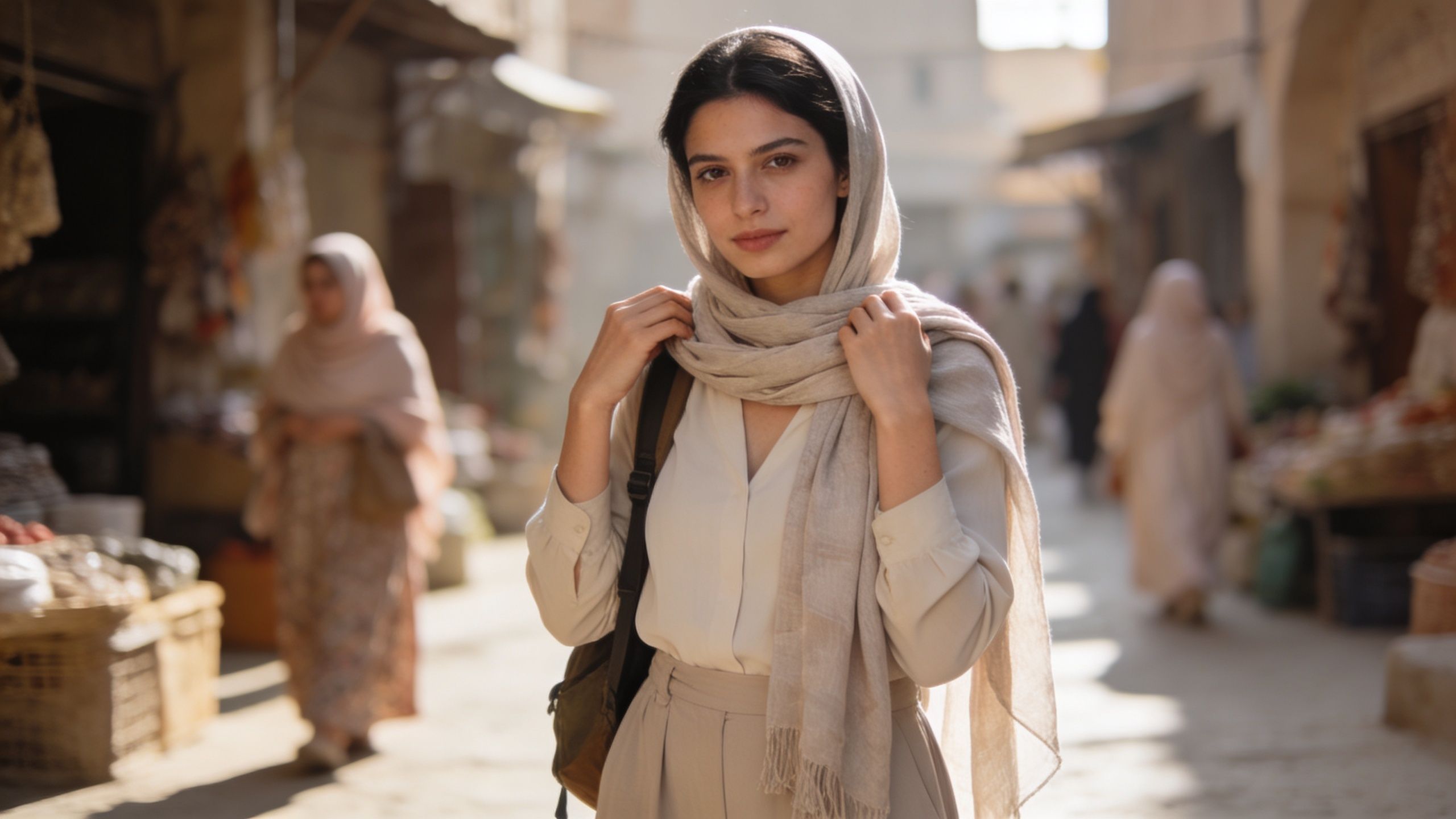 A young woman wearing a headscarf explores a vibrant outdoor marketplace while traveling solo in the Middle East.
