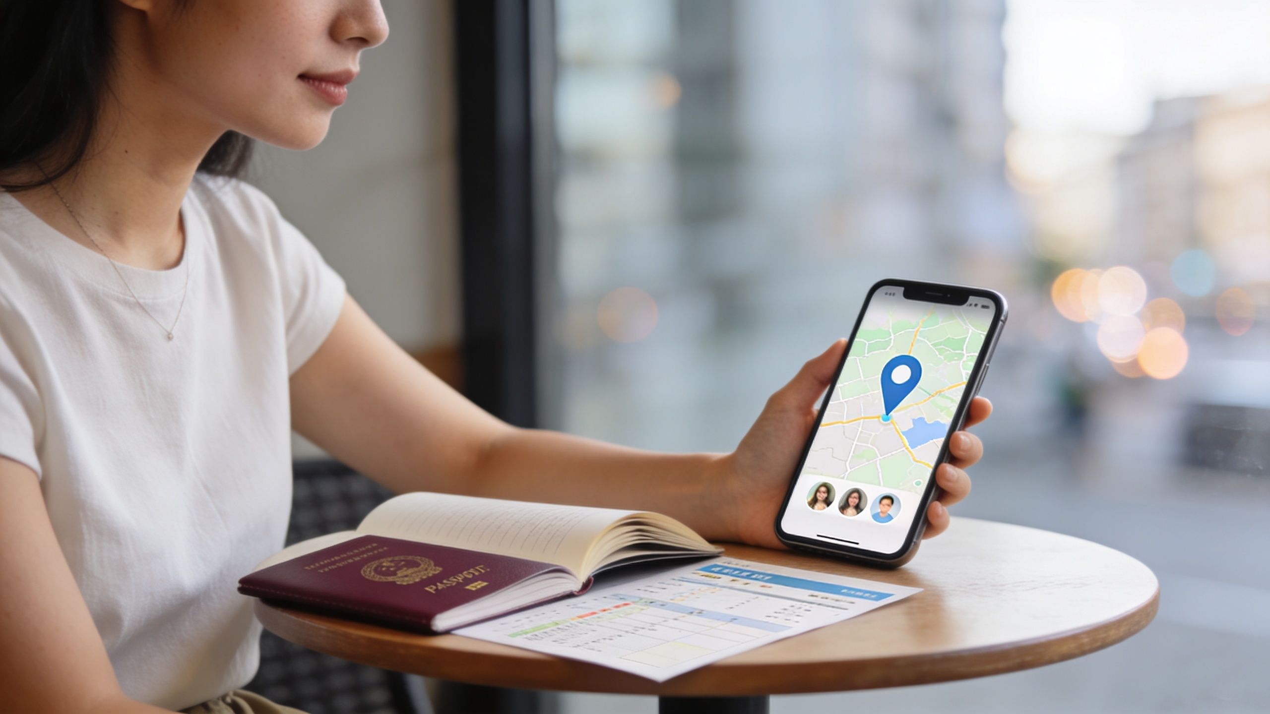 A woman holding a smartphone with a navigation app while reviewing travel documents at a cafe.