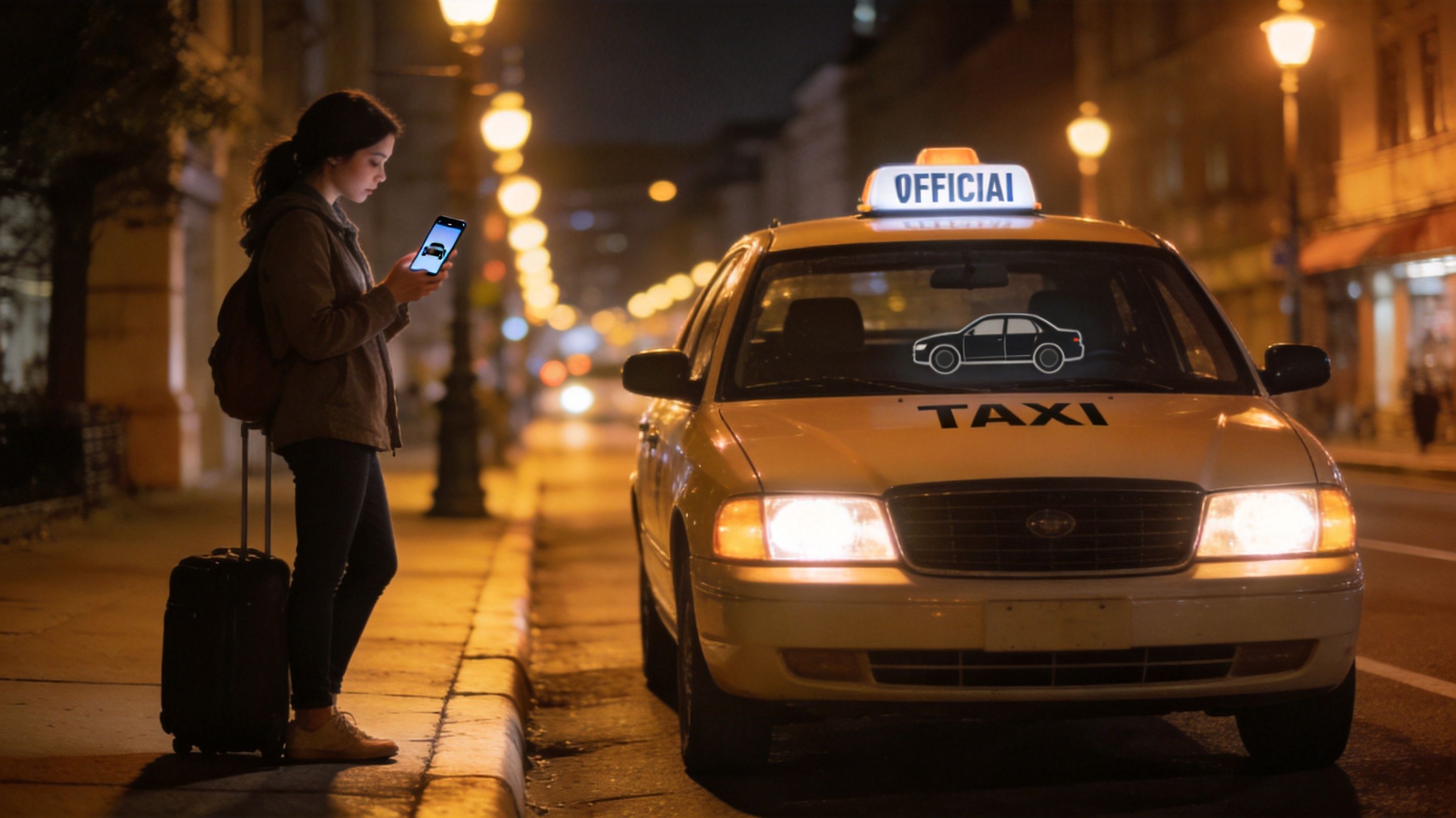 A young woman with a suitcase waits at night for a taxi in a city.