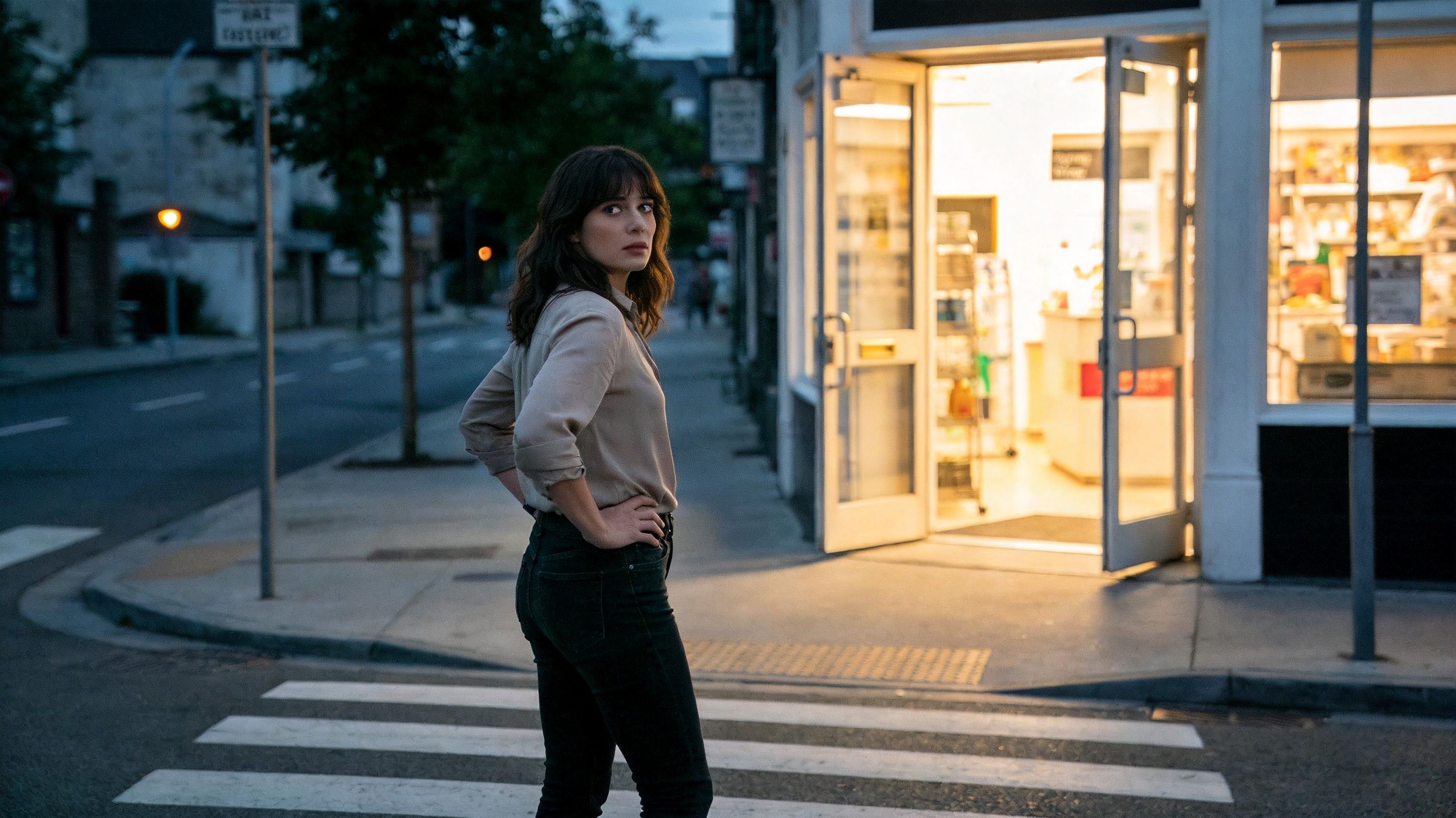 A woman stands cautiously in the middle of a street crosswalk looking back near a lit shop.