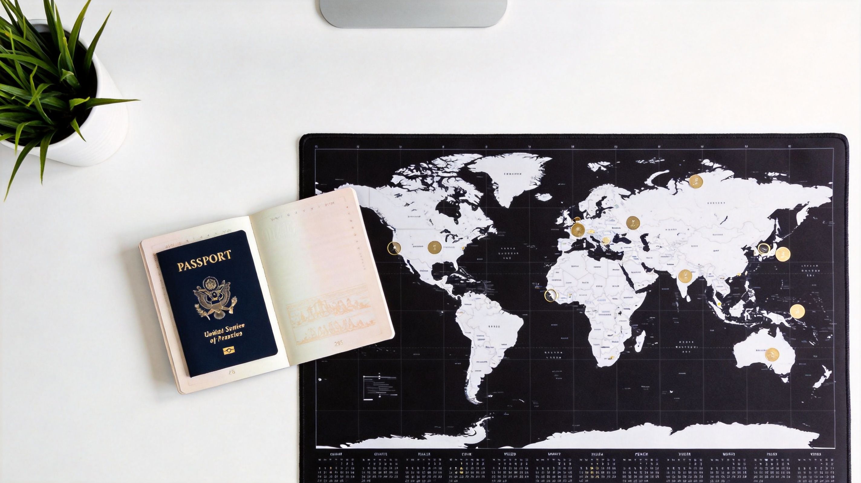A passport lies on a flatlay desk next to a world map marked with golden pushpins.