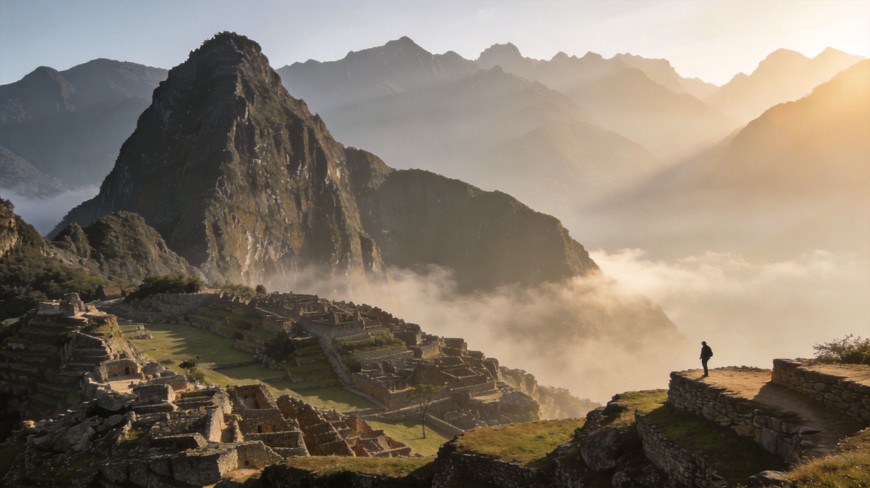 A hiker stands on a cliff edge overlooking the ancient stone ruins of Machu Picchu at sunrise.