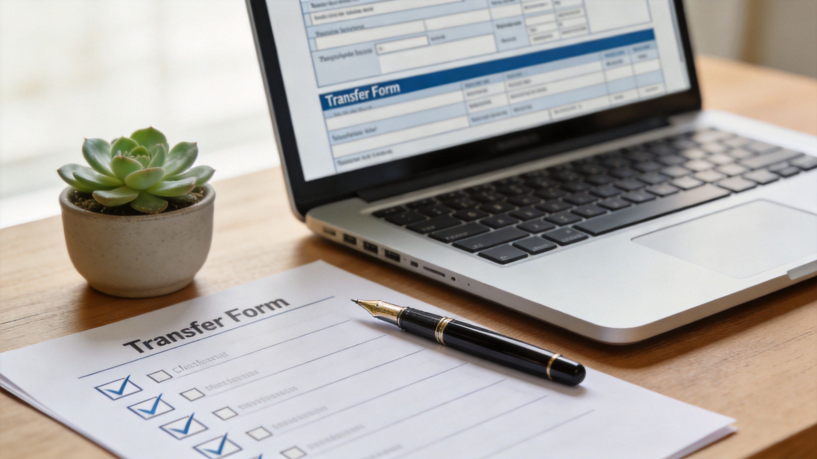 A transfer form document, a pen, and a laptop on a wooden desk with a small succulent.