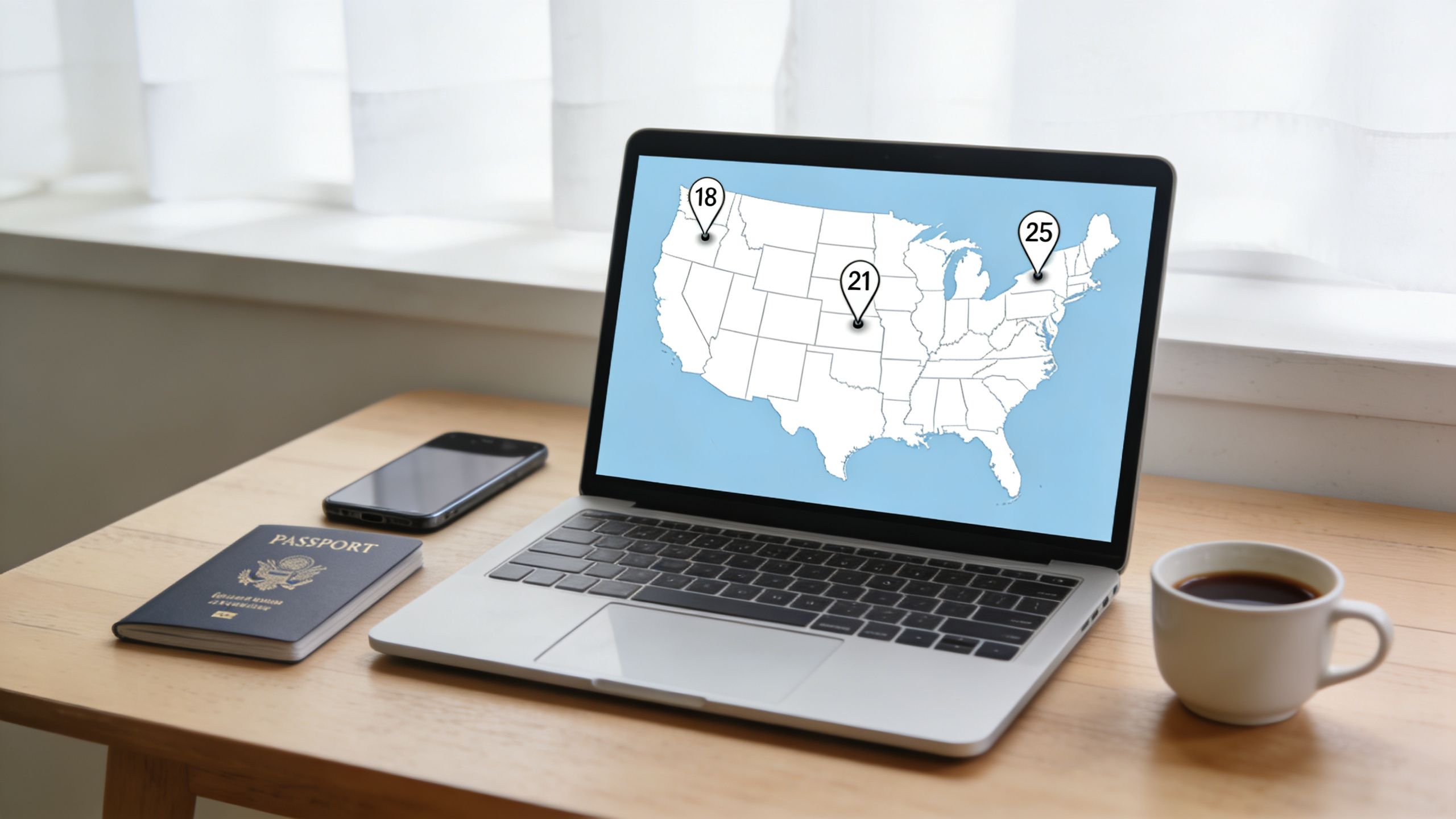 A laptop screen displaying a US map with location pins and numbers, next to a passport and coffee.