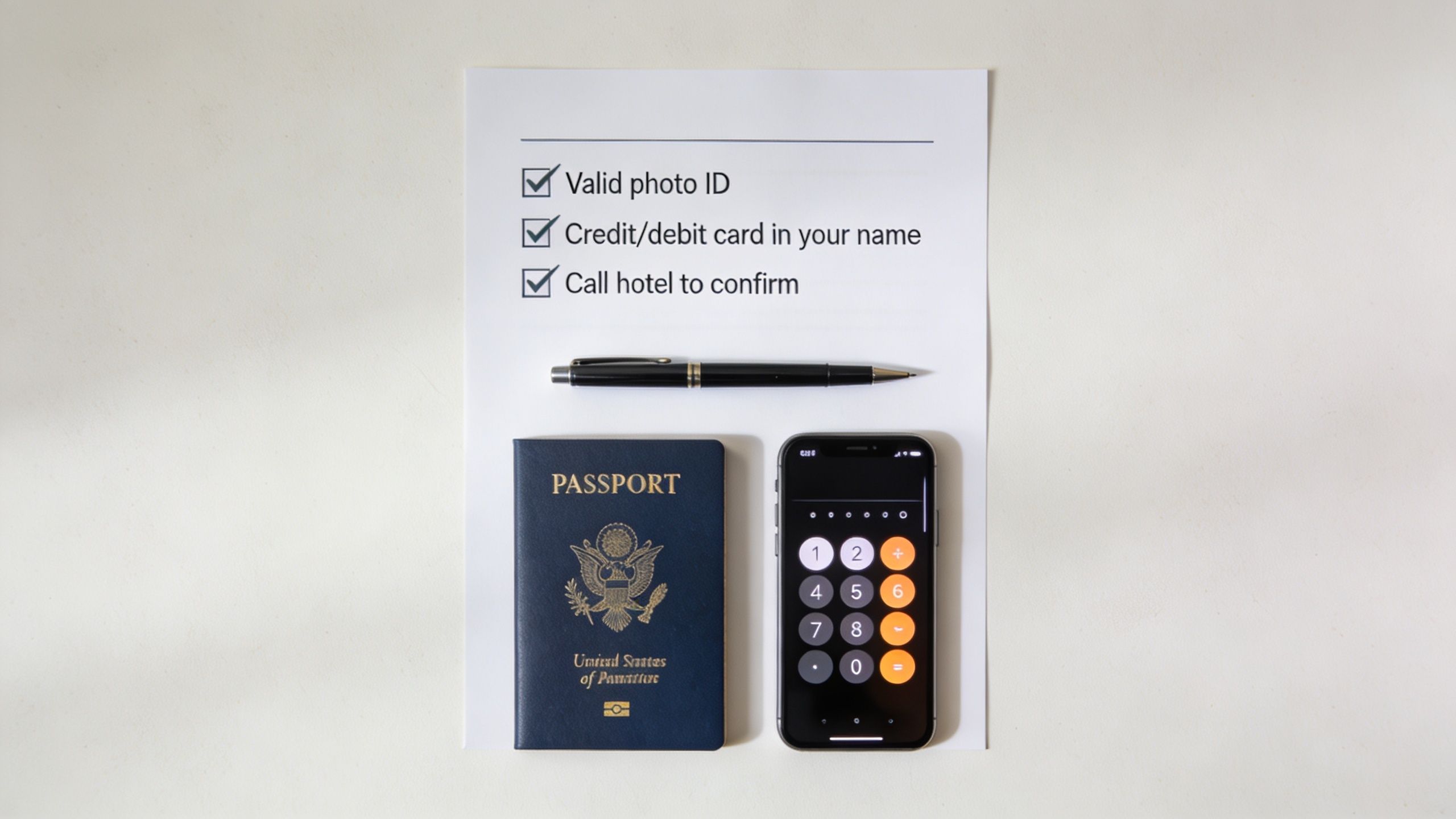 A checklist for renting a hotel room alongside a passport, pen, and smartphone calculator.