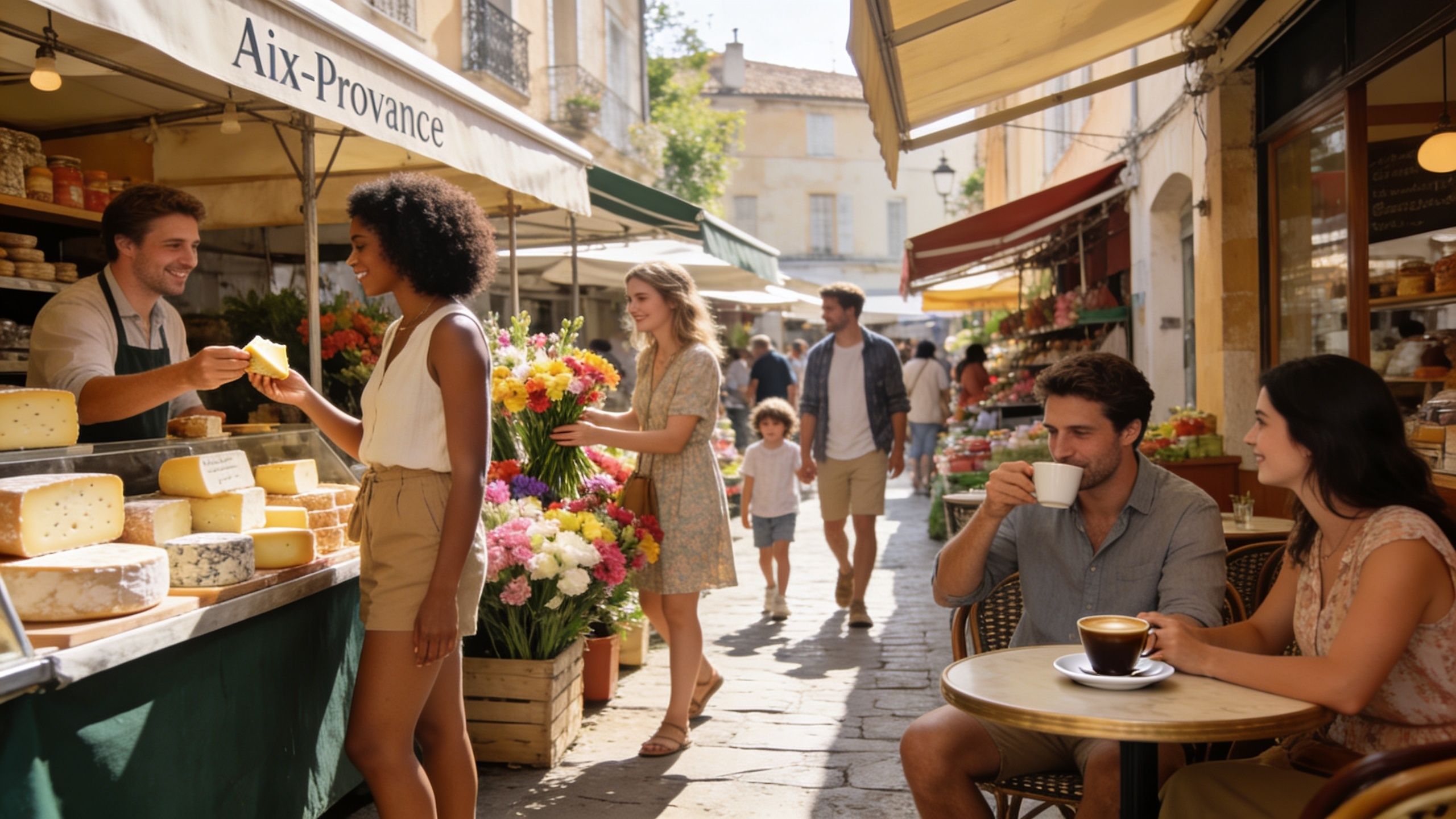 People shopping and dining at a sunny outdoor market in Aix-en-Provence, France.