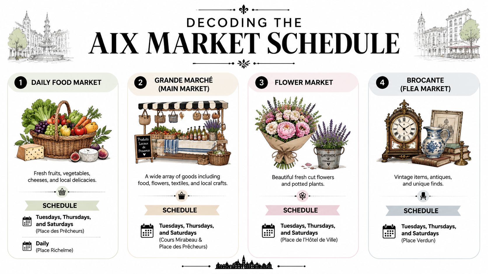 An infographic detailing the schedule and locations for various street markets in Aix-en-Provence, France.