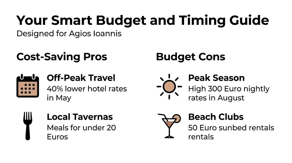 A travel budget guide for Agios Ioannis, comparing cost-saving tips versus expensive peak season tourist expenses.