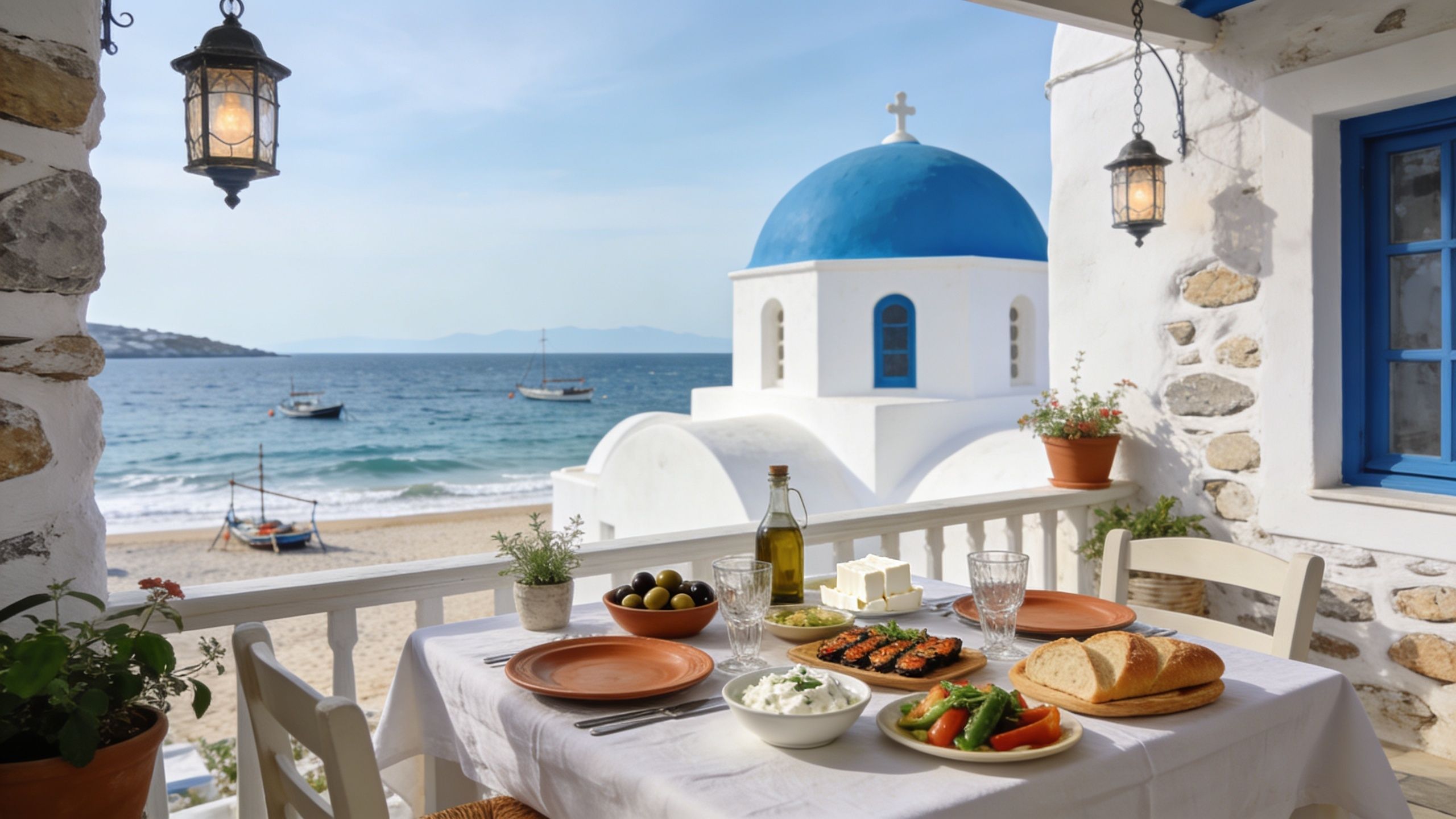 A picturesque Greek terrace with a table set for lunch overlooking Agios Ioannis beach and a church.