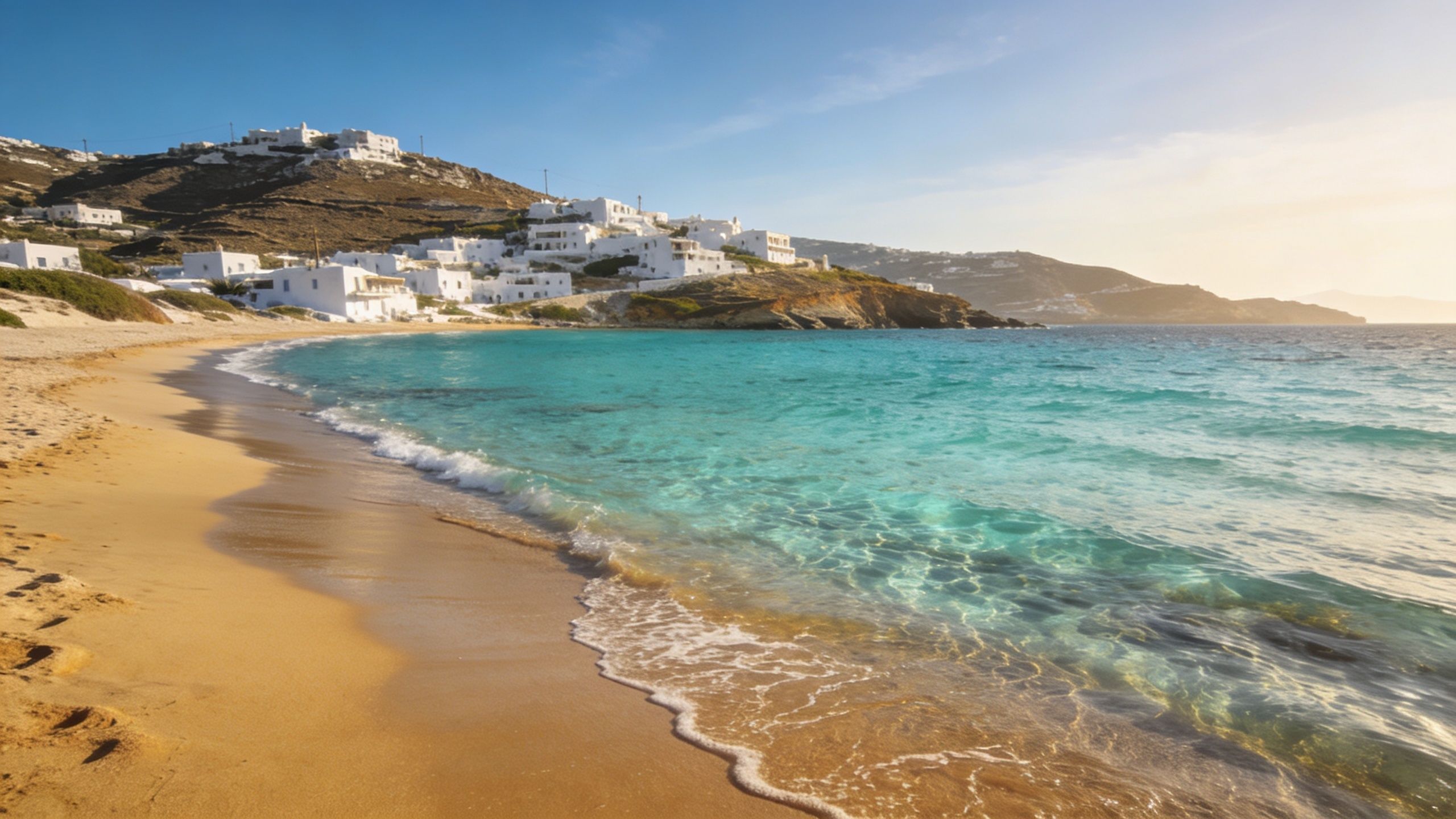 A scenic view of a sandy beach with turquoise water and traditional white houses on the hillside.