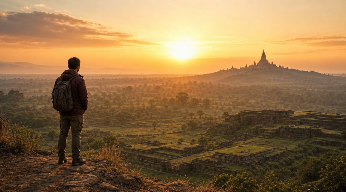 A traveler with a backpack looking over ancient temple ruins in Bagan during a golden sunrise.