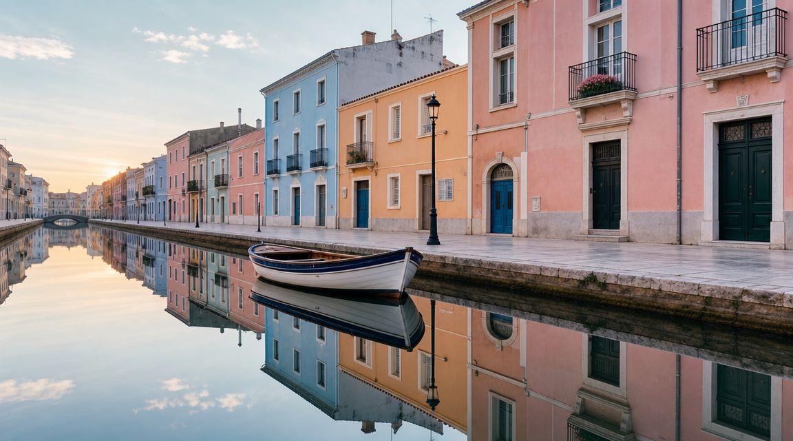 A picturesque canal lined with colorful buildings reflecting in the calm water at sunset.