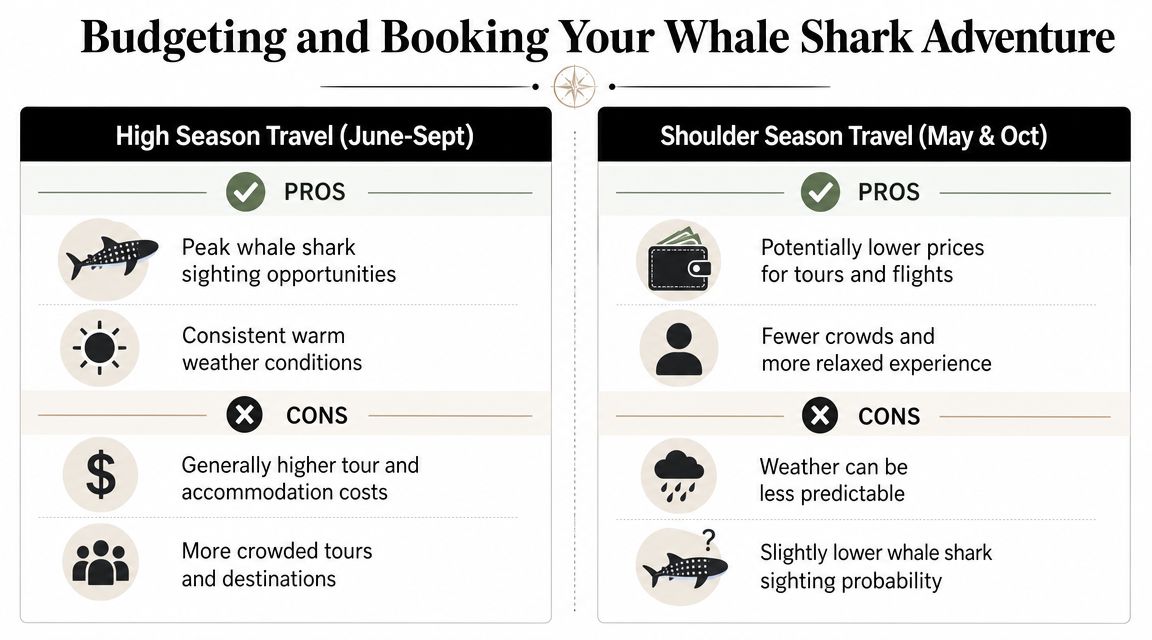 A comparison chart outlining the pros and cons of traveling during high and shoulder seasons for whale sharks.