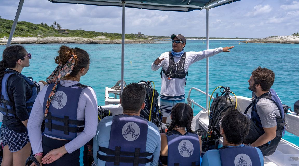 A group of people wearing life jackets on a boat listen to a guide gesturing towards the ocean.