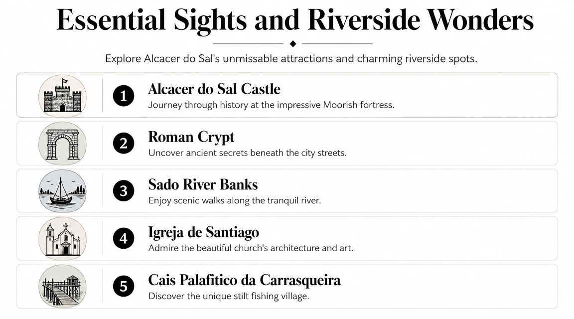 A list of five top tourist attractions and landmarks to visit in Alcacer do Sal, Portugal.