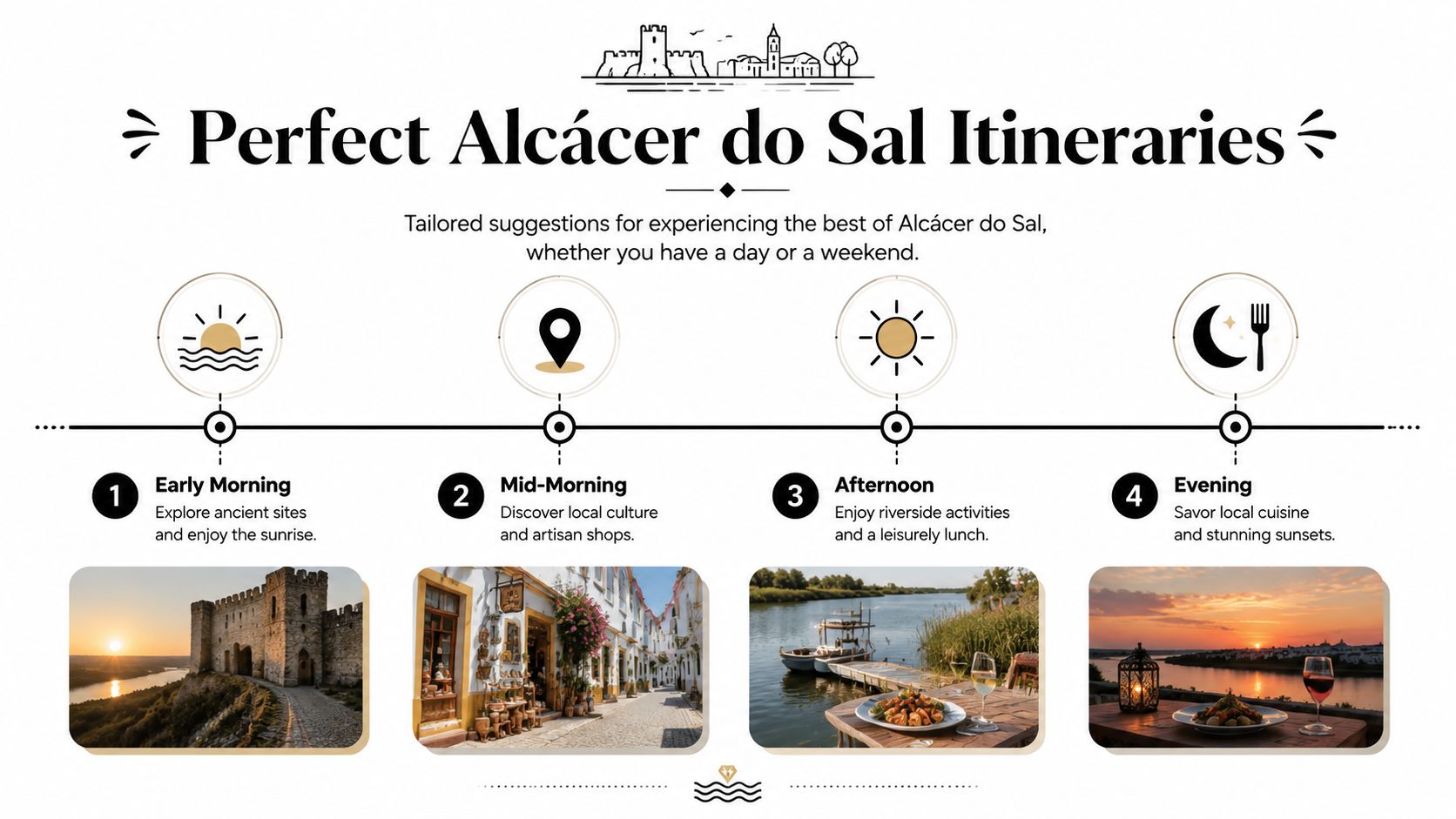 A travel itinerary infographic for Alcácer do Sal showing activities from sunrise to sunset in Portugal.