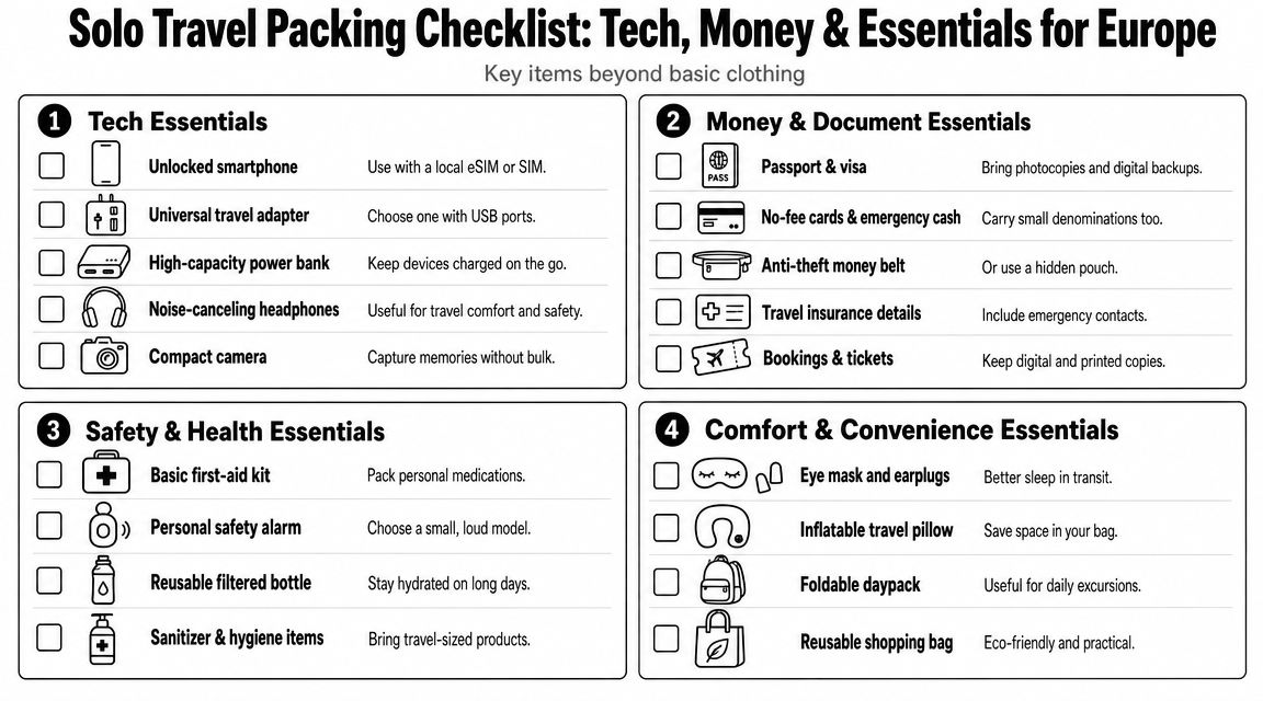 A comprehensive checklist for solo travelers visiting Europe covering tech, money, safety, and comfort essential items.
