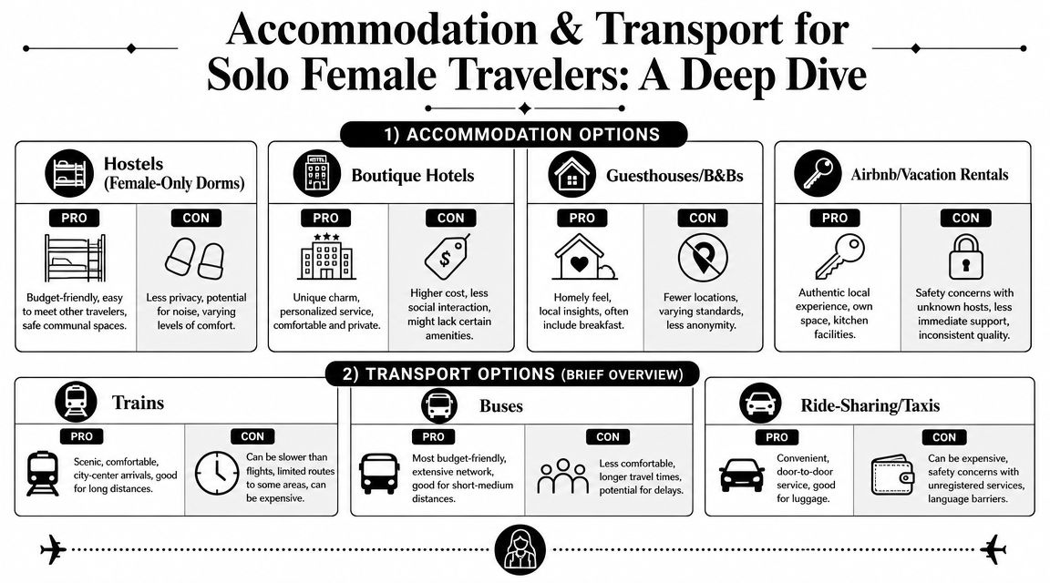 An infographic outlining accommodation and transport options for women traveling alone to ensure safety and comfort.