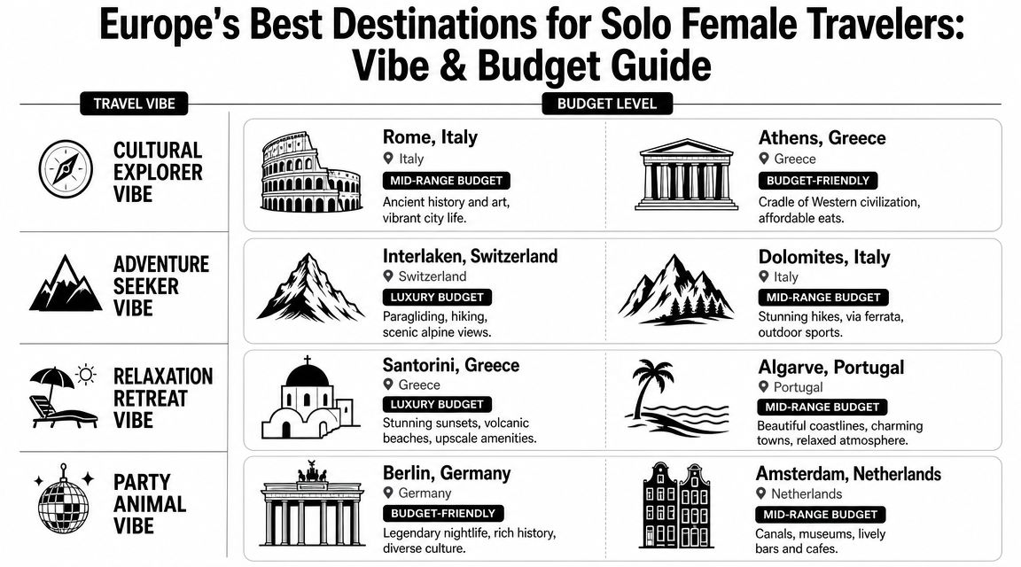 A travel guide chart for solo female travelers in Europe categorized by vibe and budget levels.