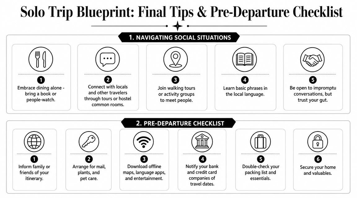 An infographic titled Solo Trip Blueprint detailing social tips and a pre-departure checklist for solo travelers.