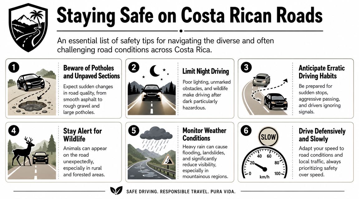 An infographic detailing six essential safety tips for driving on Costa Rican roads, including road conditions and hazards.