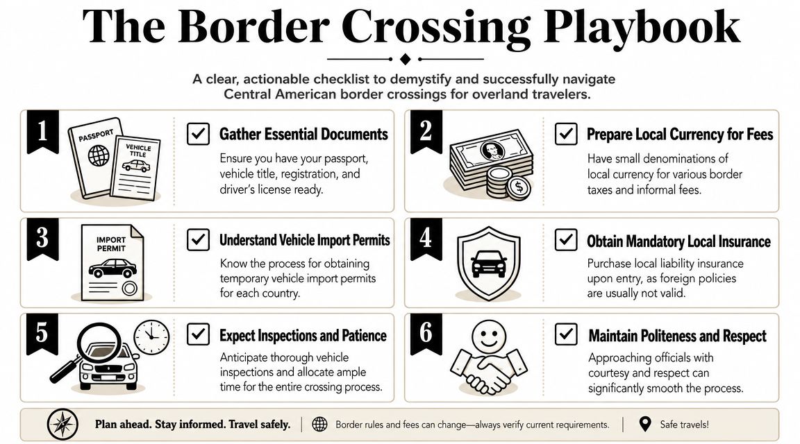 A six-step checklist titled The Border Crossing Playbook guiding overland travelers through Central American border procedures.