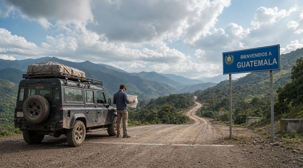 A traveler examining a map next to a rugged vehicle near a Bienvenido a Guatemala road sign.
