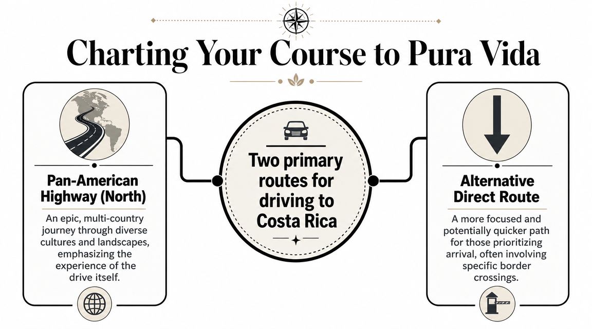 A travel infographic comparing the Pan-American Highway and an alternative direct route for driving to Costa Rica.