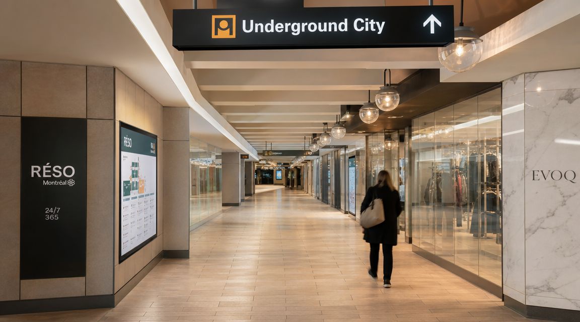 A person walking down a modern, well-lit corridor in the Underground City of Montreal, Quebec.