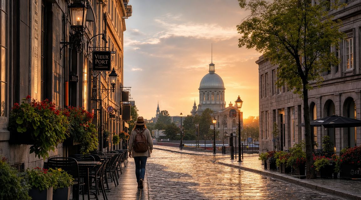 A traveler walking down a scenic cobblestone street in Old Montreal during a beautiful golden sunset.