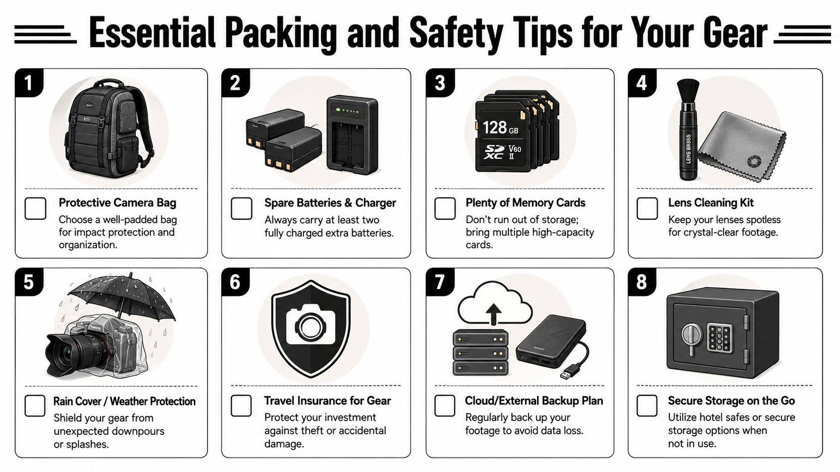 An infographic detailing eight essential packing and safety tips for travel camera gear and photography equipment.