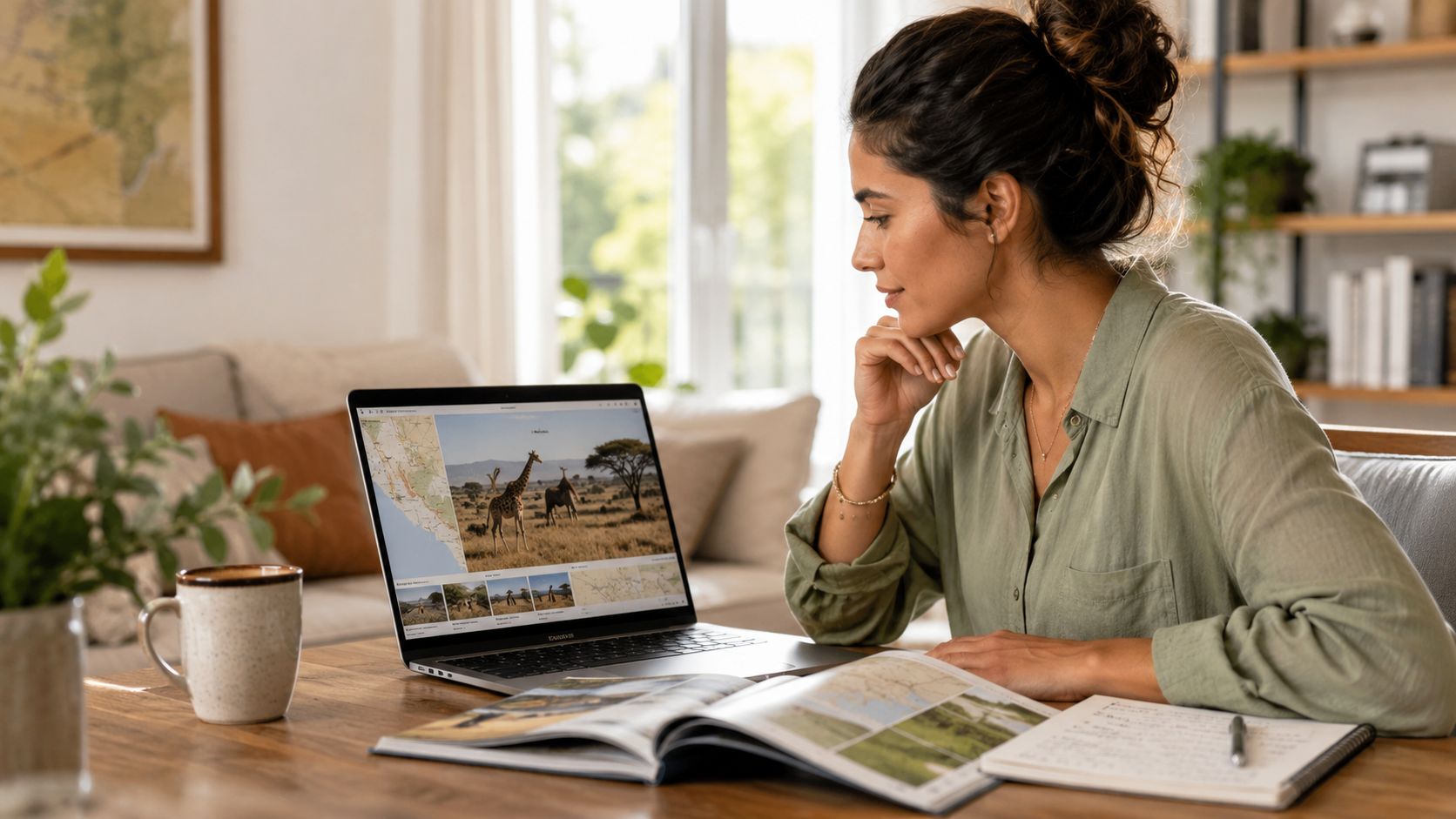 A young woman sits at a wooden table, planning an affordable African safari on her laptop.