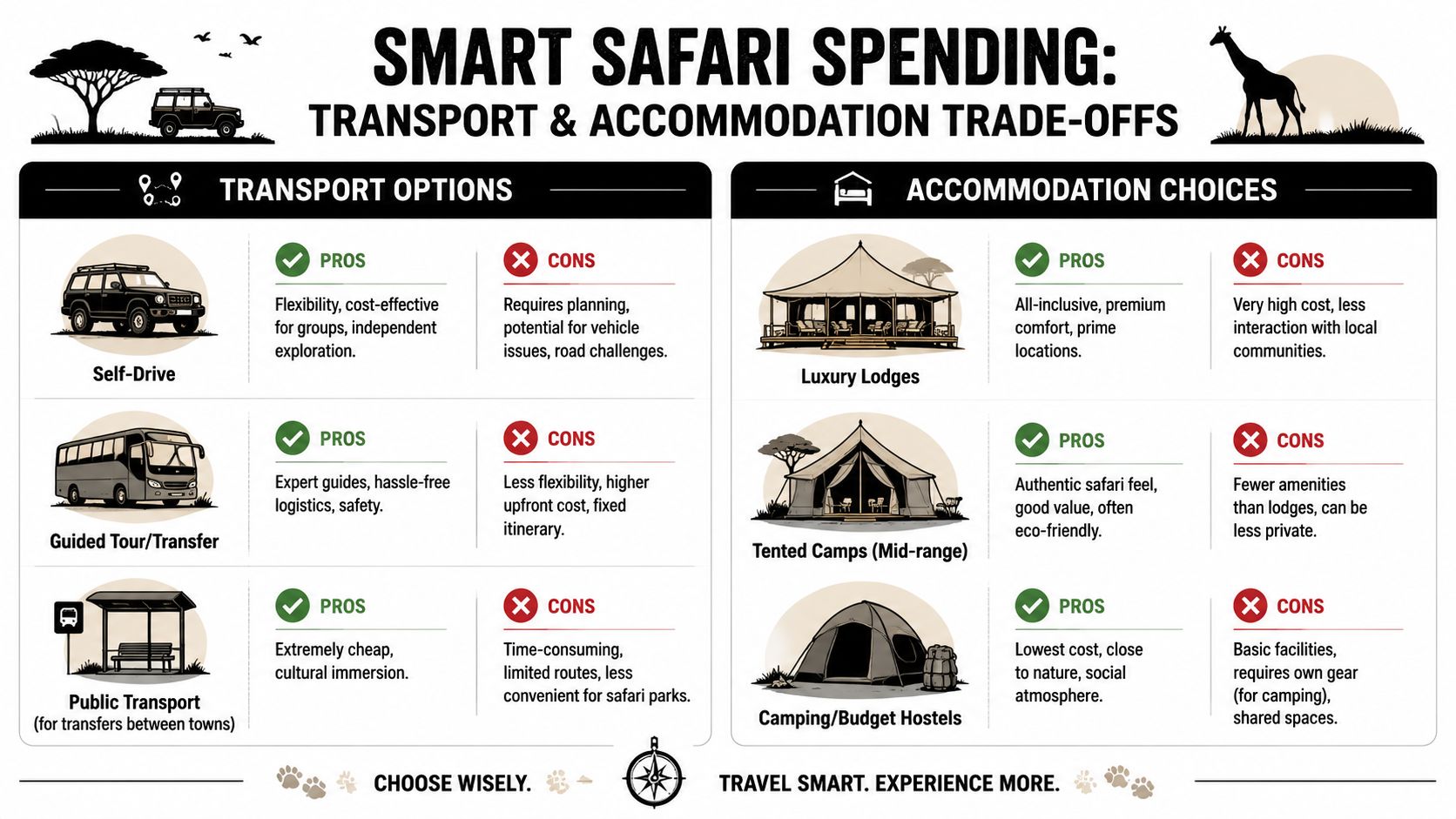 A comparison chart outlining the pros and cons of various safari transport options and accommodation choices.