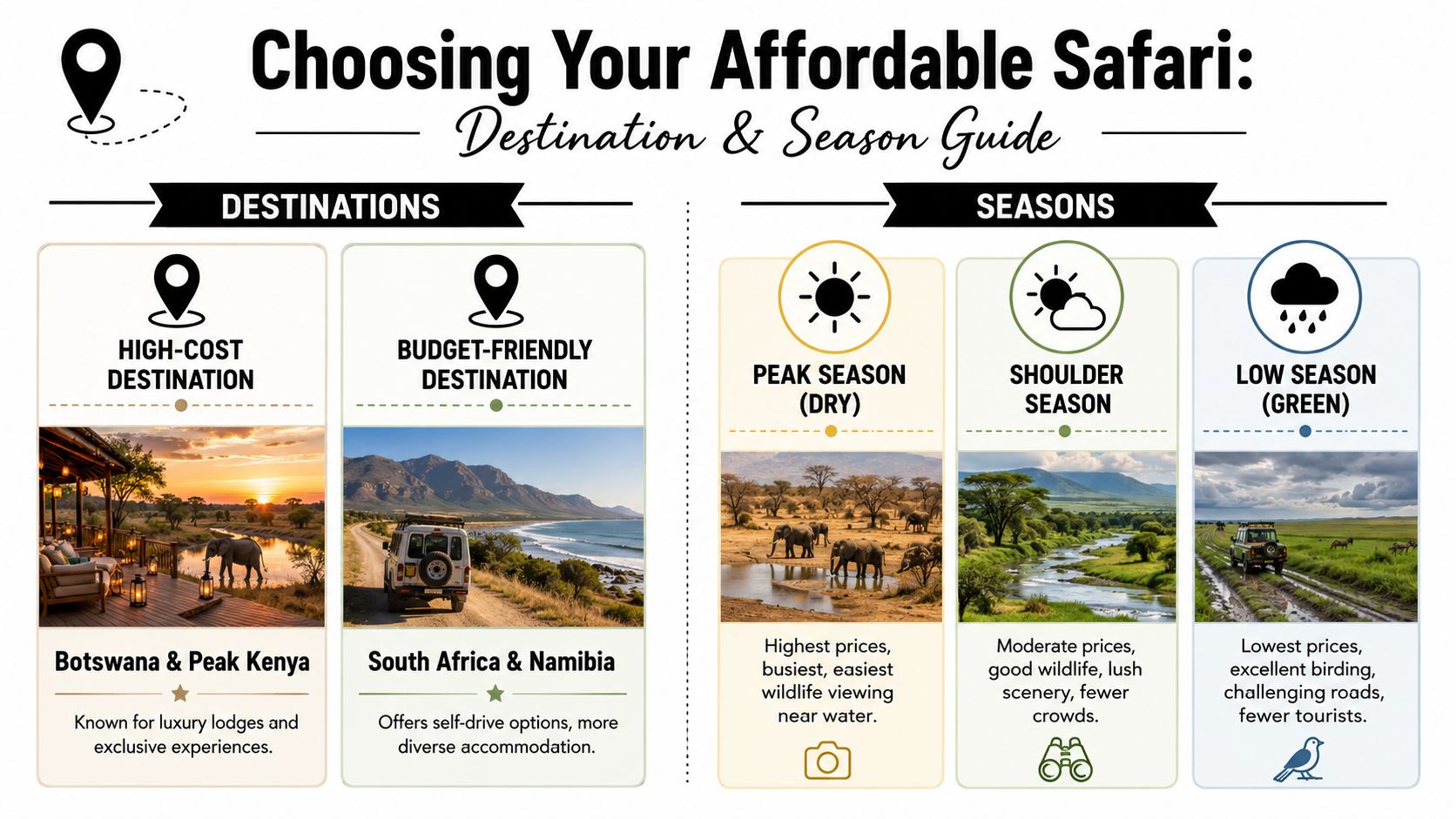 An infographic titled Choosing Your Affordable Safari comparing African safari destinations and travel seasons for travelers.