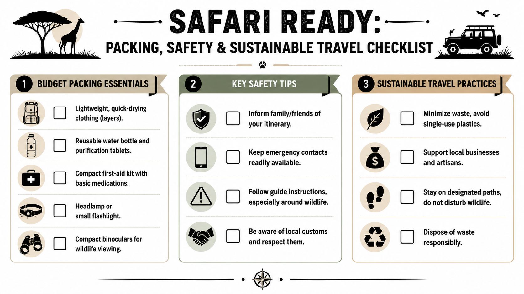A comprehensive checklist for safari travel, covering packing essentials, safety tips, and sustainable travel practices for tourists.