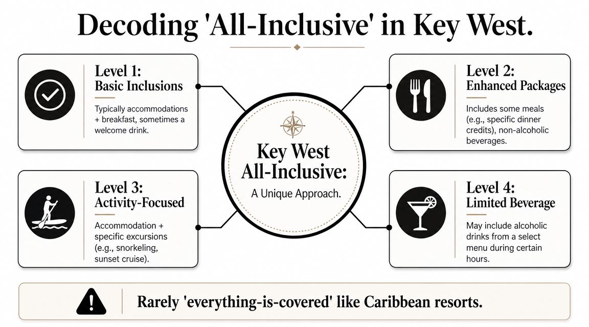 A diagram explaining the different levels of all-inclusive hotel packages available in Key West, Florida.